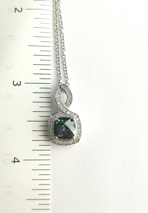 Mystic Topaz CZ Halo Pendant Necklace in Sterling Silver