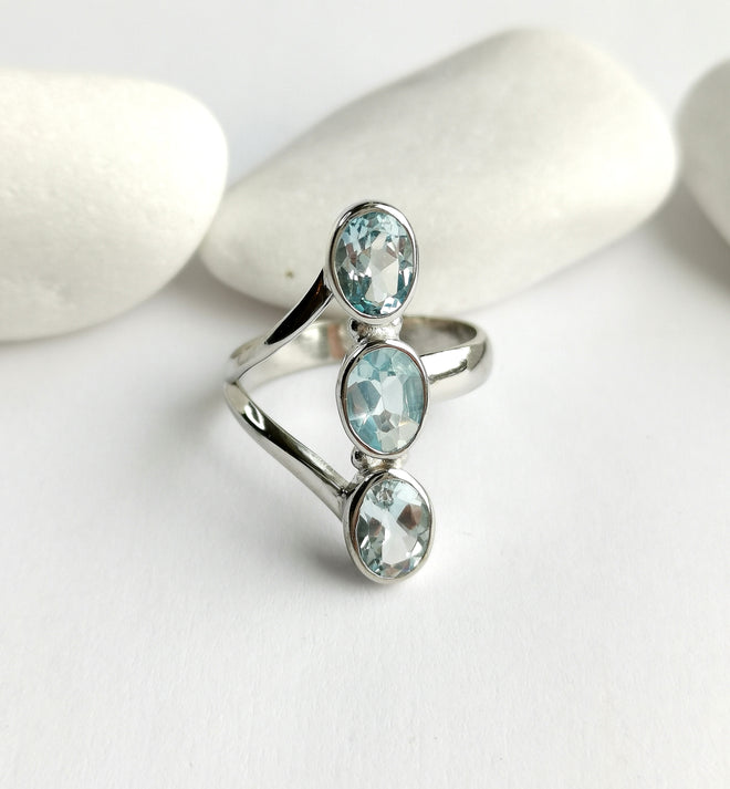 Modern Sky Blue Topaz 3 Stone Ring